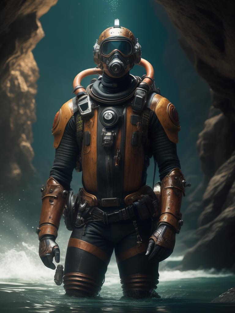 Man in a very old robotic scuba suit year 1890 entering in the water of an underground cave river, Metallic accents, copper, copper patina, Dramatic Lighting, Depth of field, Incredibly high detailed