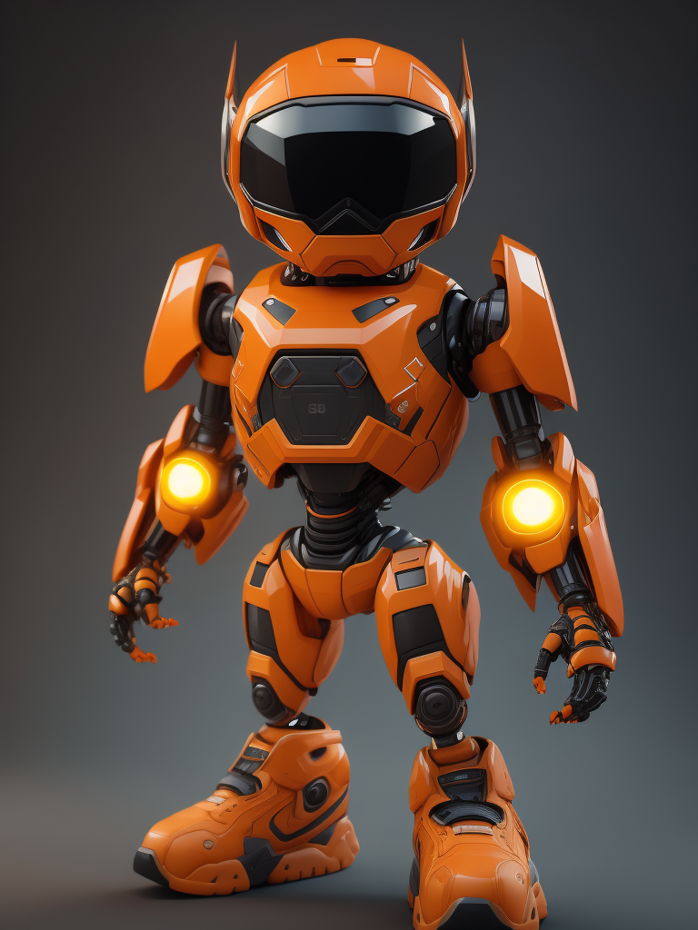 Orange cute style robot wearing stylish futuristic sports clothes, big sneakers and a futuristic glasses