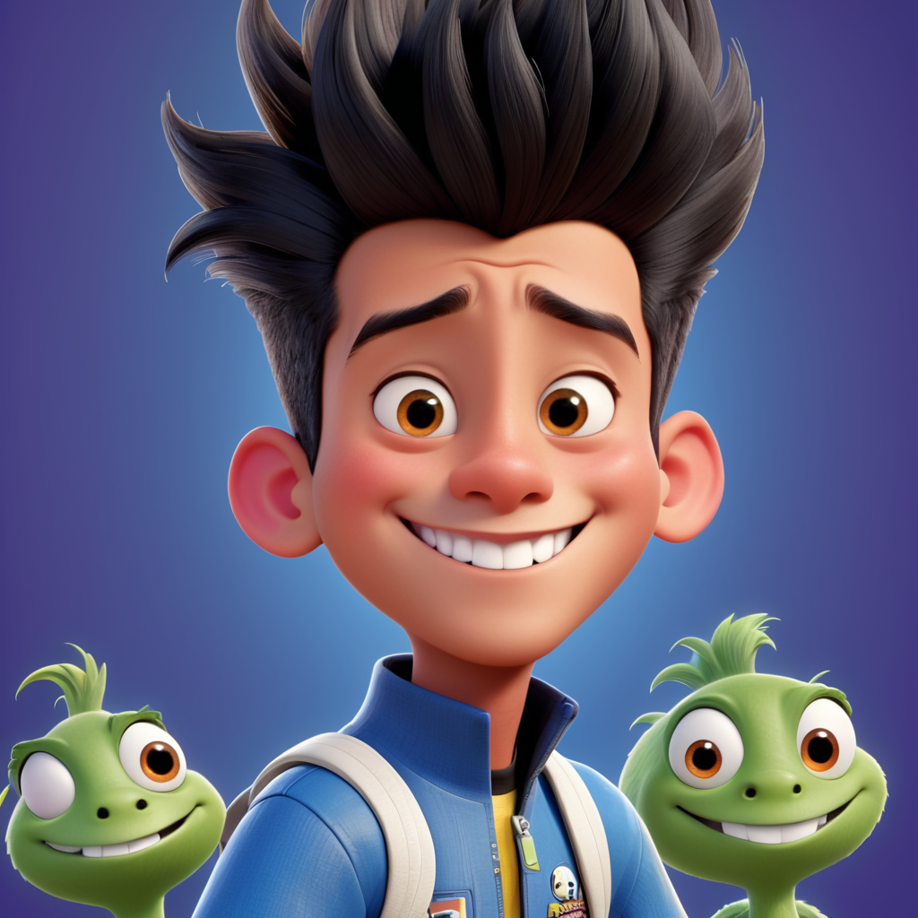 a skinny South American teenager, very happy, with quiff-like hair, with a bumpy nose in the middle mascot for pro-art company, Disney Pixar Style