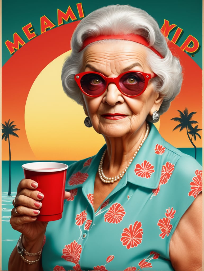 Miami granny holding a red cup eye-catching poster-style drawing and illustration representing the iconic pulp style.