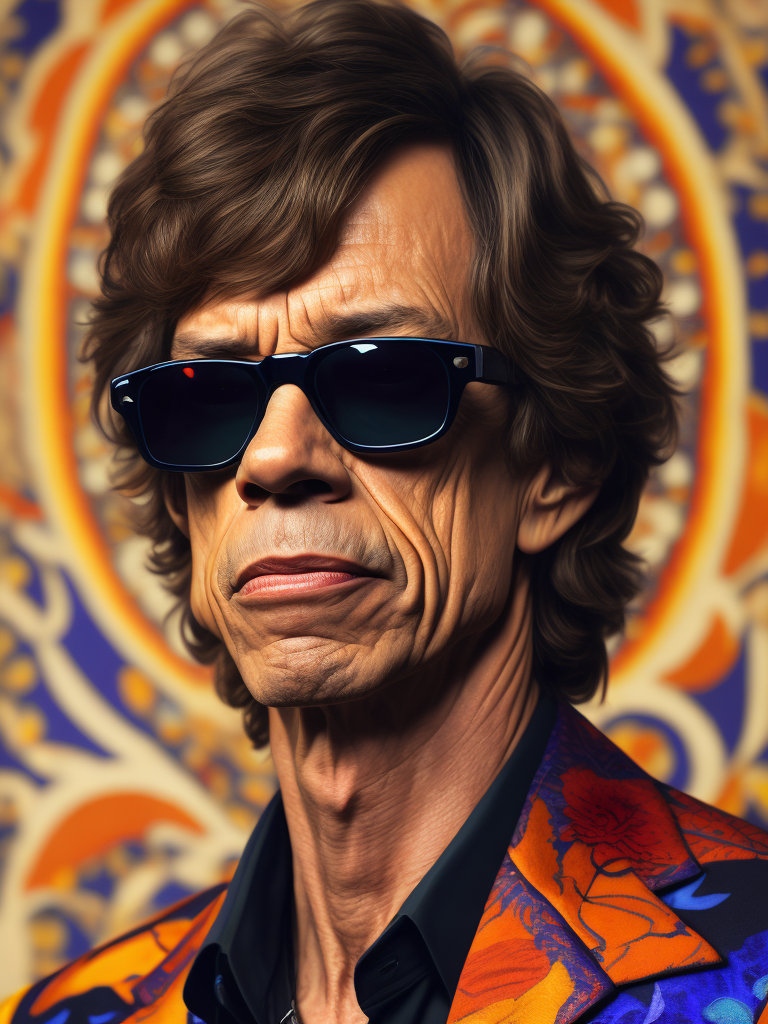 Mick Jagger wearing a brightly patterned jacket and wayfarer glasses, Vivid saturated colors, Contrast color