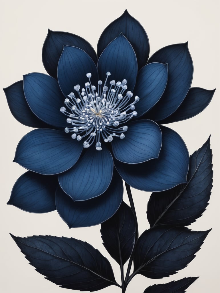 Рисунок темно синий лесной цветок с маленькими лепестками на чёрном фоне