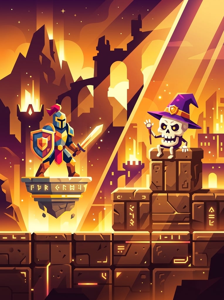 flat vector illustration, warm golden orange gradients, split layout, geometric knight on floating platform, diagonal light shafts, skull character with purple hat on block, silhouetted background shapes, bottom grid of modular brown platform blocks, vibrant stylized game art