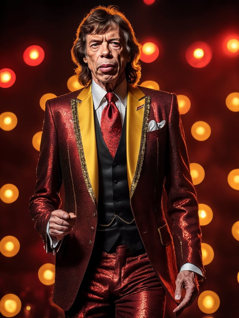 portrait american framing of mick jagger in ronald mc donald suit standing on stage with red and yellow lights