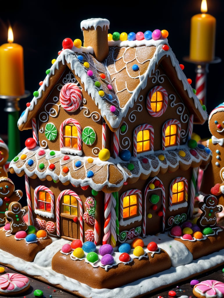 Pencil Drawing of Children Decorating Gingerbread Houses: A heartwarming scene of kids joyfully decorating gingerbread houses with colorful candies.