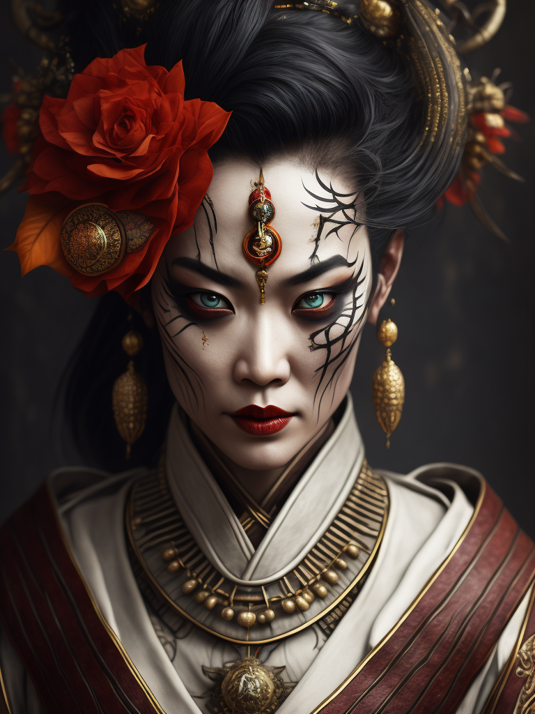 Portrait art of undead geisha, detailed, intricate, full of colour, cinematic lighting, focused, extreme details, cinematic, masterpiece