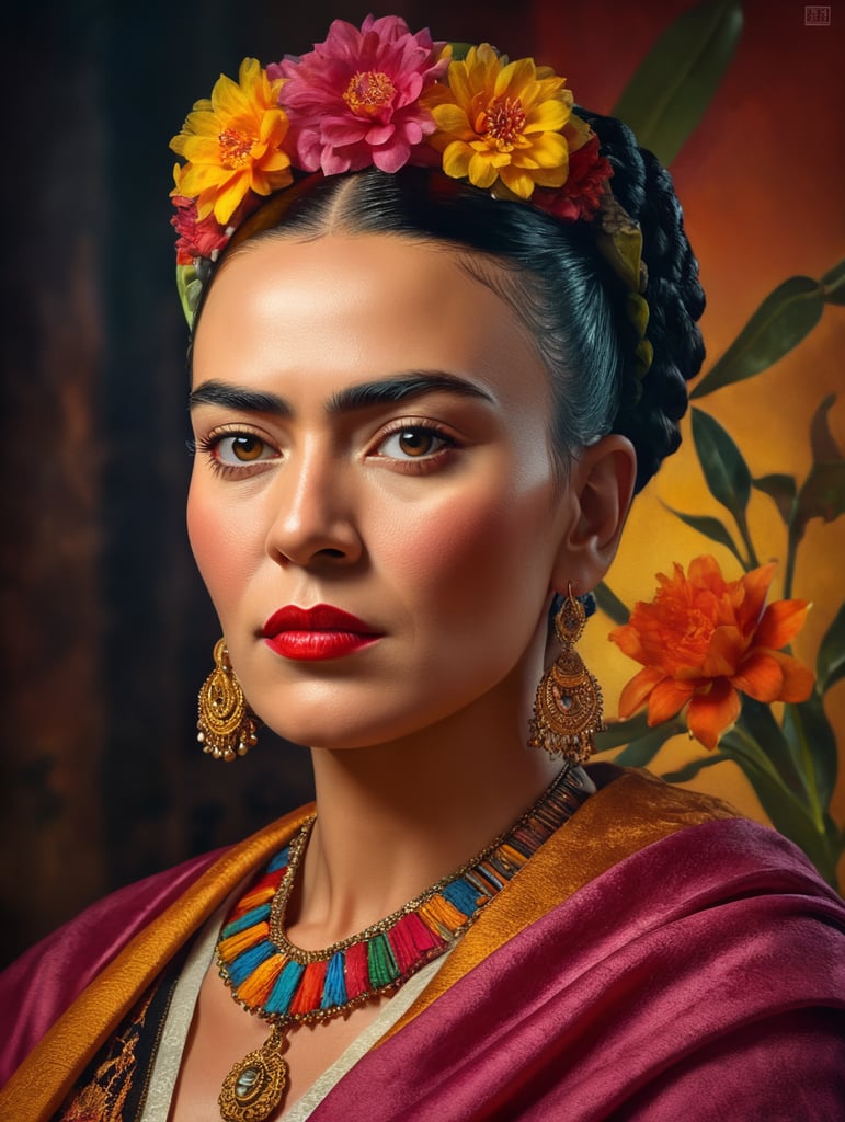 Portrait of Frida Kahlo, bright and saturated colors, elegant, highly detailed, vogue, fashion magazine, sharp focus, bright expressive makeup, dramatic lighting, depth of field, incredibly high detailed, blurred background'