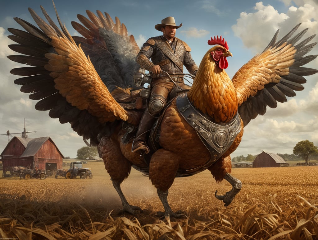 Draw a man riding a giant chicken across a farm field. The man is about 40 years old and wears a cowboy hat. The chicken looks like a man-made robot, and has a skin made of metal with rivets.