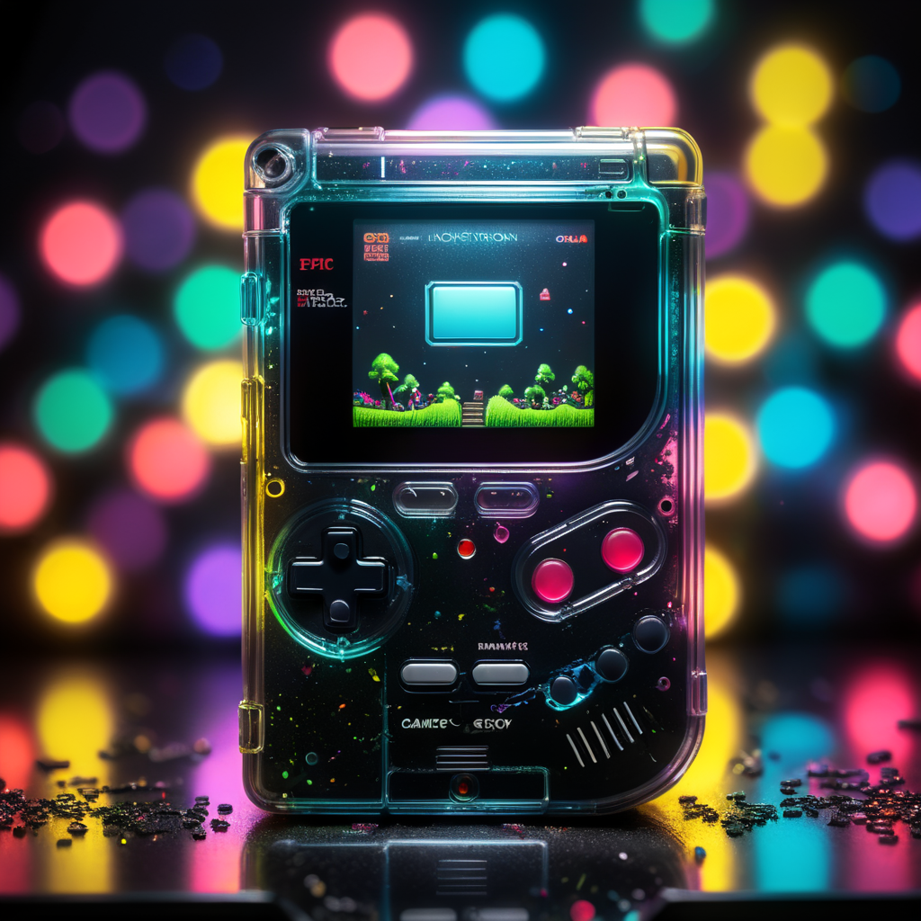 3d render retro tiny cute black shiny game boy translucent plastic case, neon light, glitter background