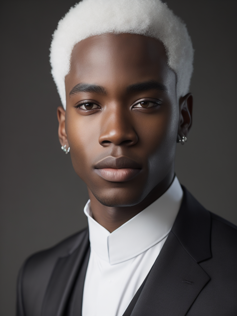 portrait of young man with black skin, short white hair, dressed in a tailcoat, intricate, elegant, highly detailed, digital painting, concept art, sharp focus, ultra realistic, Dramatic Lighting, Depth of field, Incredibly high detailed