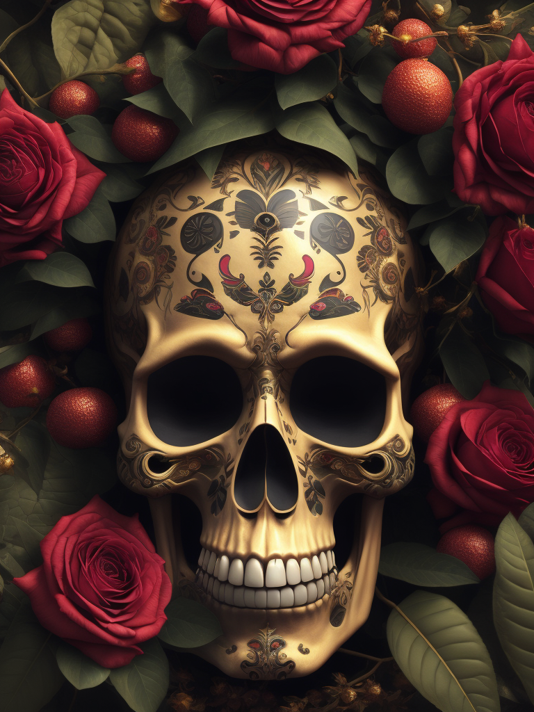 Mexican skull calavera, surrounded by poetic ornamental elements such as fruits, flowers, garlands of lights and native plants, colors pink, green, gold and black, 3d style, painting art, highly detailed, surrealist