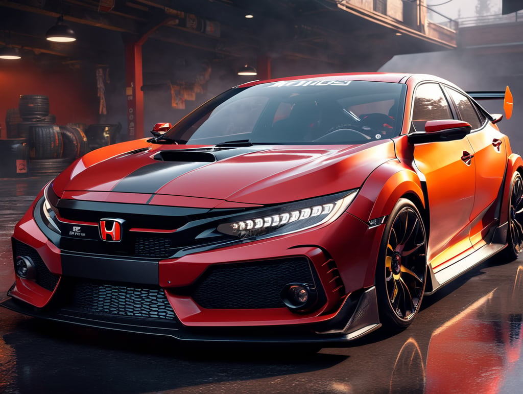 A videogame rendering of a futuristic version of a Honda civic type-r, Asphalt 9 Legends garage style, incredible graphics, 4k