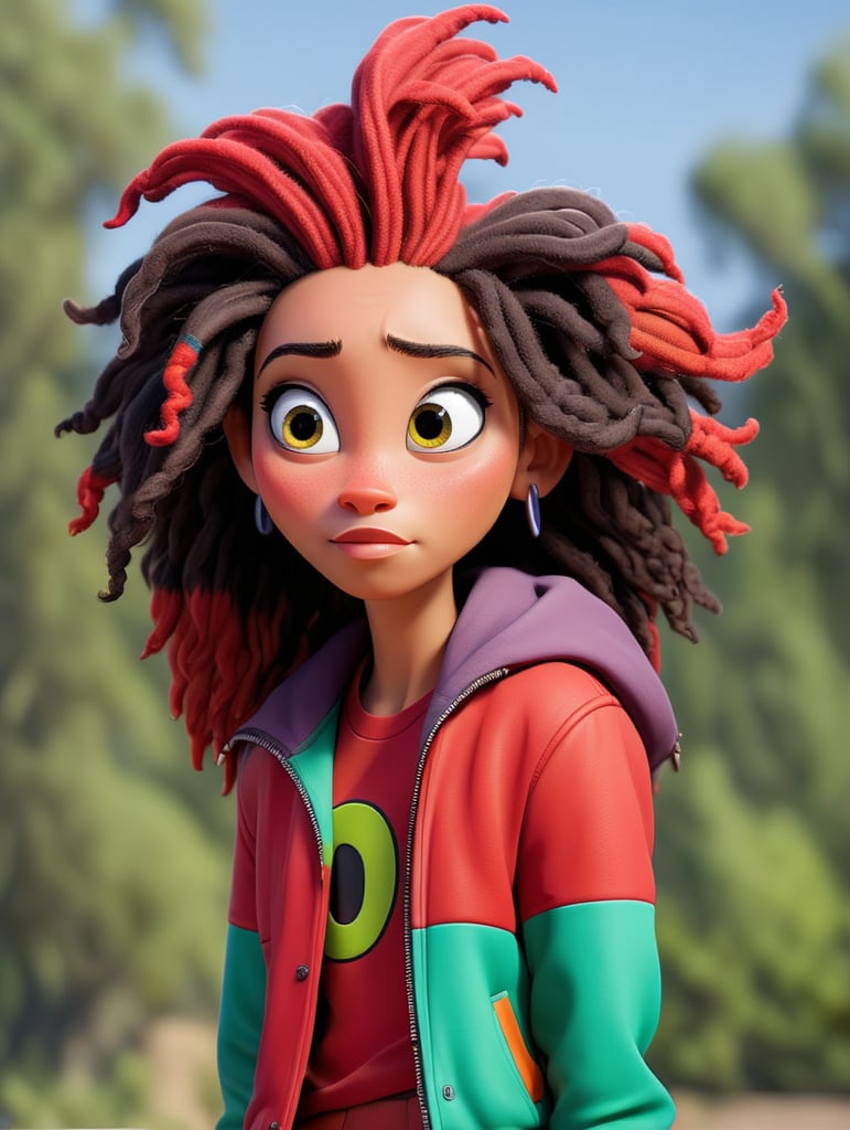 a (((women))) with dreadlocks on his head is wearing a colored jersey and a red bomber jacket