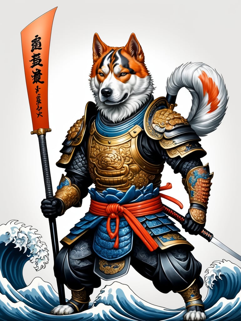 There is a dog with a fish and a sword on a white background, samurai dog, dog warrior, armored dog, anthropomorphic dog ninja, samurai deity with koi armor, by kanō tan'yū, highly detailed and colored, in the art style of ukiyo - e, inspired by utagawa kuniyoshi