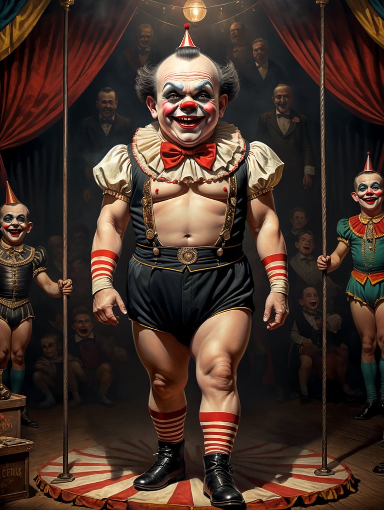 Vintage style circus sideshow poster of a full body anthropomorphic Scary midget