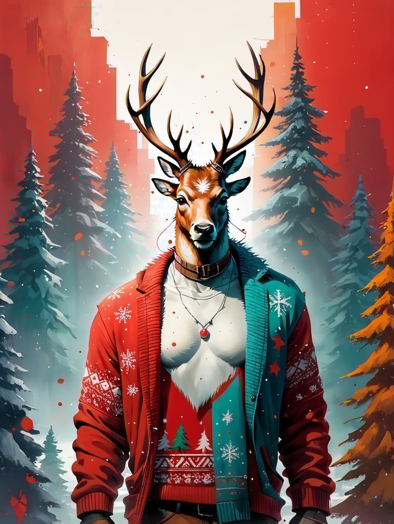 Rudolph the reindeer standing wearing an ugly Christmas sweater red background