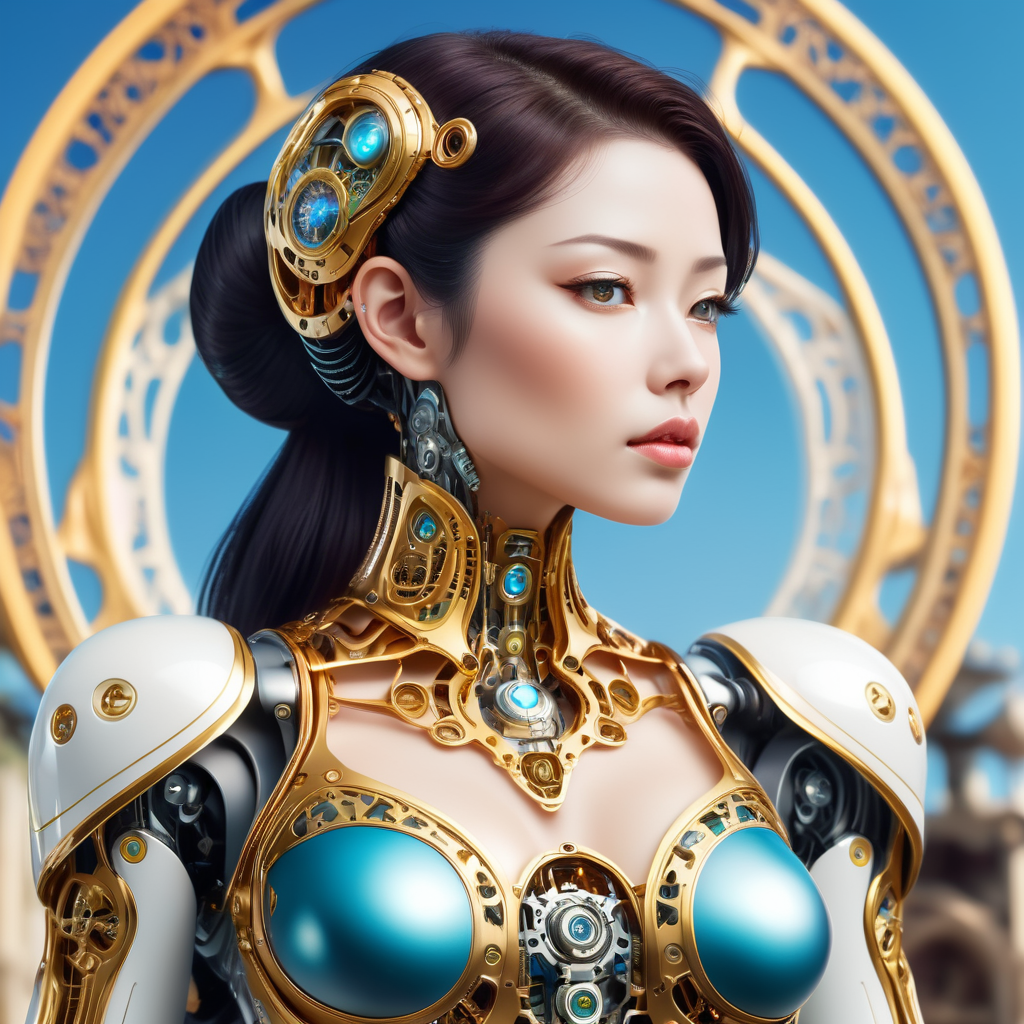 A female robot with an art Nouveau cyberpunk aesthetic, body is made from a delicate mechanical ornamental exterior reminiscent of a delicate gleaming porcelain and gold trimmed filigree should reveal a hollow see through body, hyper-surrealistic detailed 3d rendering digital art style, background galaxy sky