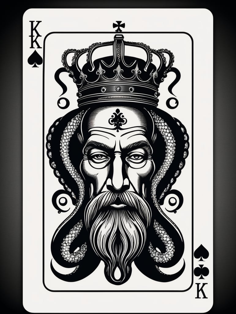 king octopus of clubs playing card, face card, linocut art style, black ink, ultra realism, simple lines, vector