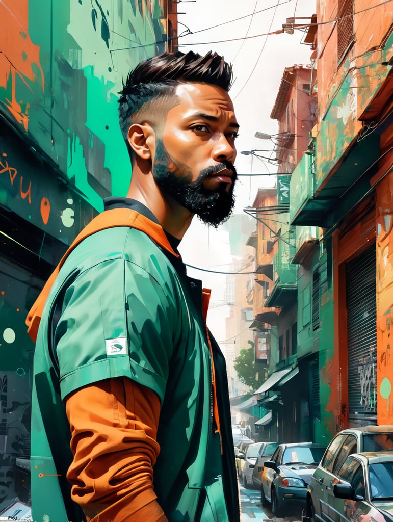 Abstract 1998 European hip hop man with subtle beard by Sachin Teng x supreme, attractive, stylish, designer, green, asymmetrical, geometric shapes, graffiti, street art