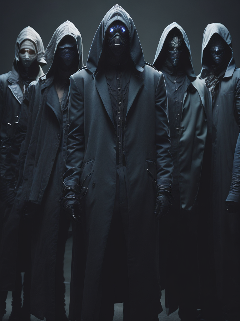 A group of creepy evil abstract non-human horror creatures with no face wearing black suits posing for a group photo, concept art, cyberpunk hq