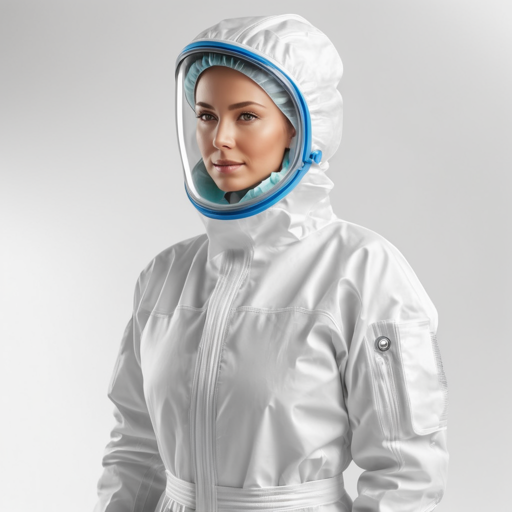 A realistic photo of a women wearing medical protective suit, disposable coveralls with breathable fabric, isolated, white background