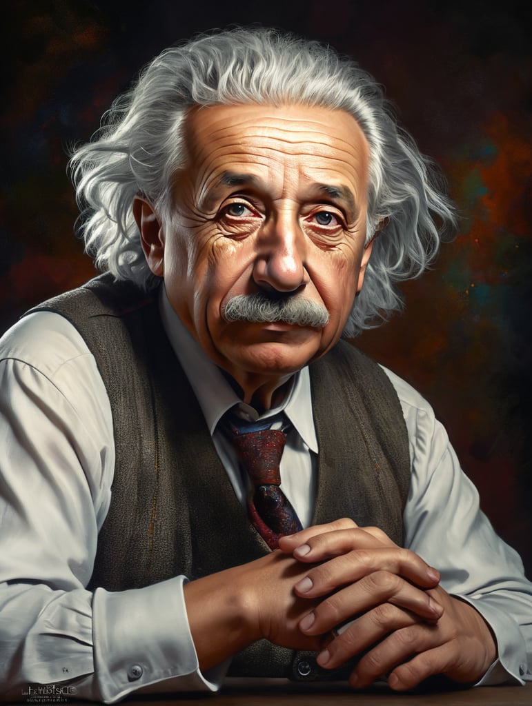 sitting full centered Portrait of Albert Einstein, bright and saturated colors, highly detailed, sharp focus, Bright expressive, Dramatic Lighting, Depth of field, Incredibly high detailed, on a white background