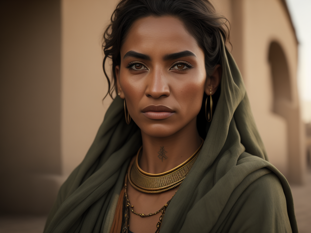 a photorealistic image of an Berber woman from the Bible,National Geographic style, she has a noise ring piercing, face line minimalist tattoos, side view, crossed hands, brown eyes, olive skin, she wears see green and blue wrinkled linen tunic, tanned, hair flowing in the wind, extremely detailed, realistic face, natural skin texture, extremely detailed skin with skin pores, peach fuzz, wearing red linen clothes, Israeli beauty, award winning photo, nikon d850 film archival photography, extremely detailed, amazing, fine details, rich color, texture hyper realistic, spectacular lighting, unreal engine, trending on artstation, 3 4 body view, realistic photo, RAW photo, high quality, high resolution, sharp