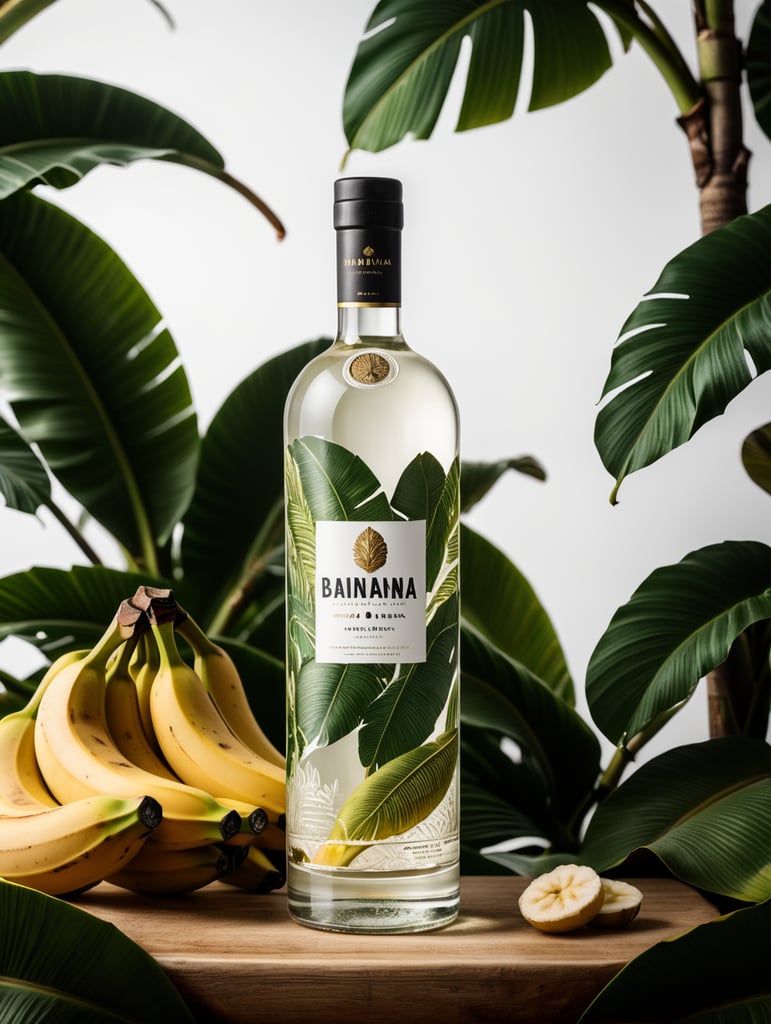 Packaging and branding for a banana vodka brand as if it had been designed by HI ESTUDIO with In a set design with banana, and banana leaves.