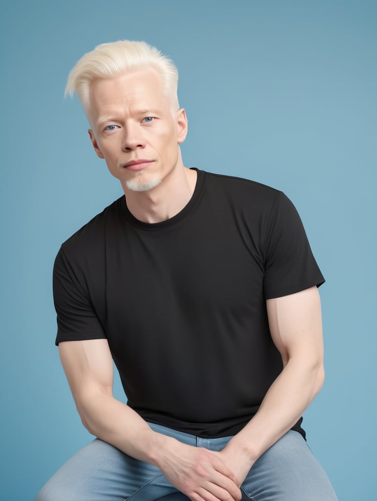 A middle-aged albino man wearing a black T-shirt, isolated, blue background, mockup, mock up