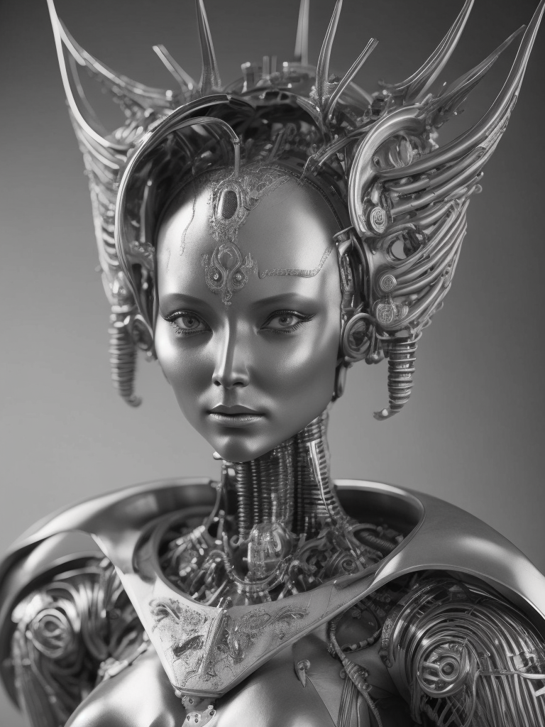 Female robot, Giger style, black and white, high contrast, metal face, many details, slim, stylized body