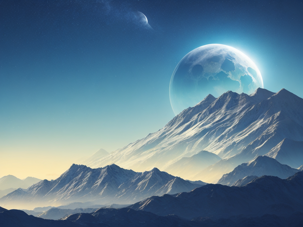 silver futuristic mountain with yellow sky and blue moon, art style, science fiction city background