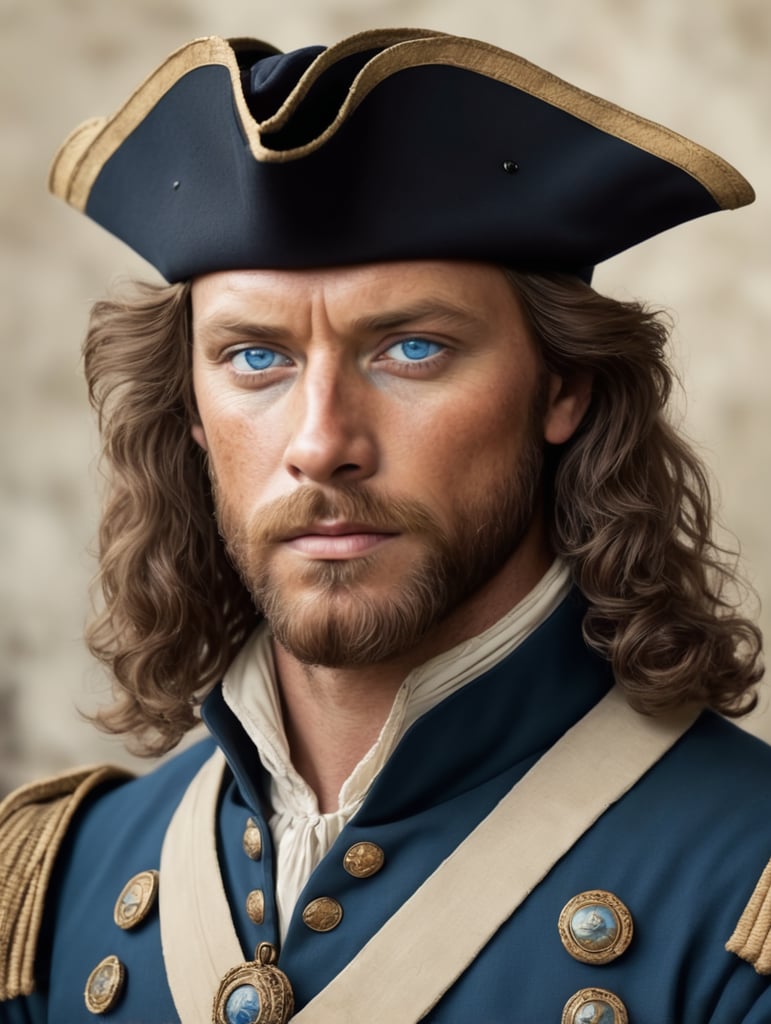 15th century privateer, captain, english, human, brown hair, blue eyes