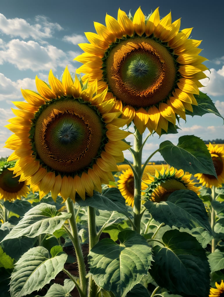 two sunflowers hold each other by the leaves like people by hand. It should be a gentle picture against the background of a field,