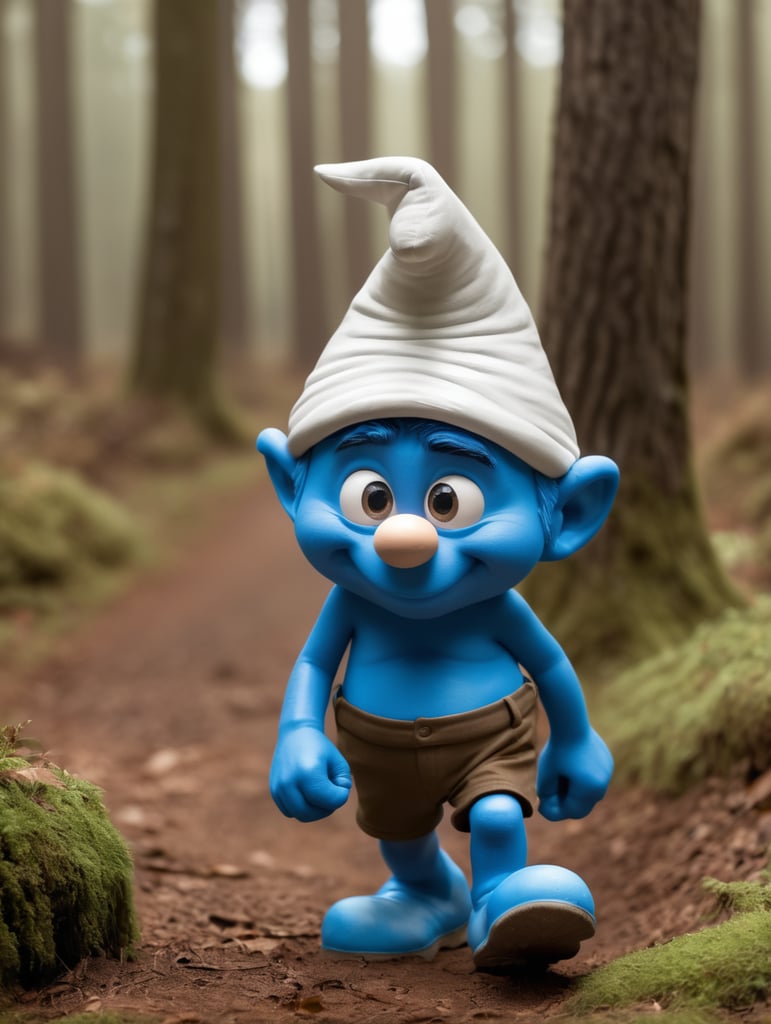 smurf grumpy face walking in beautiful forst