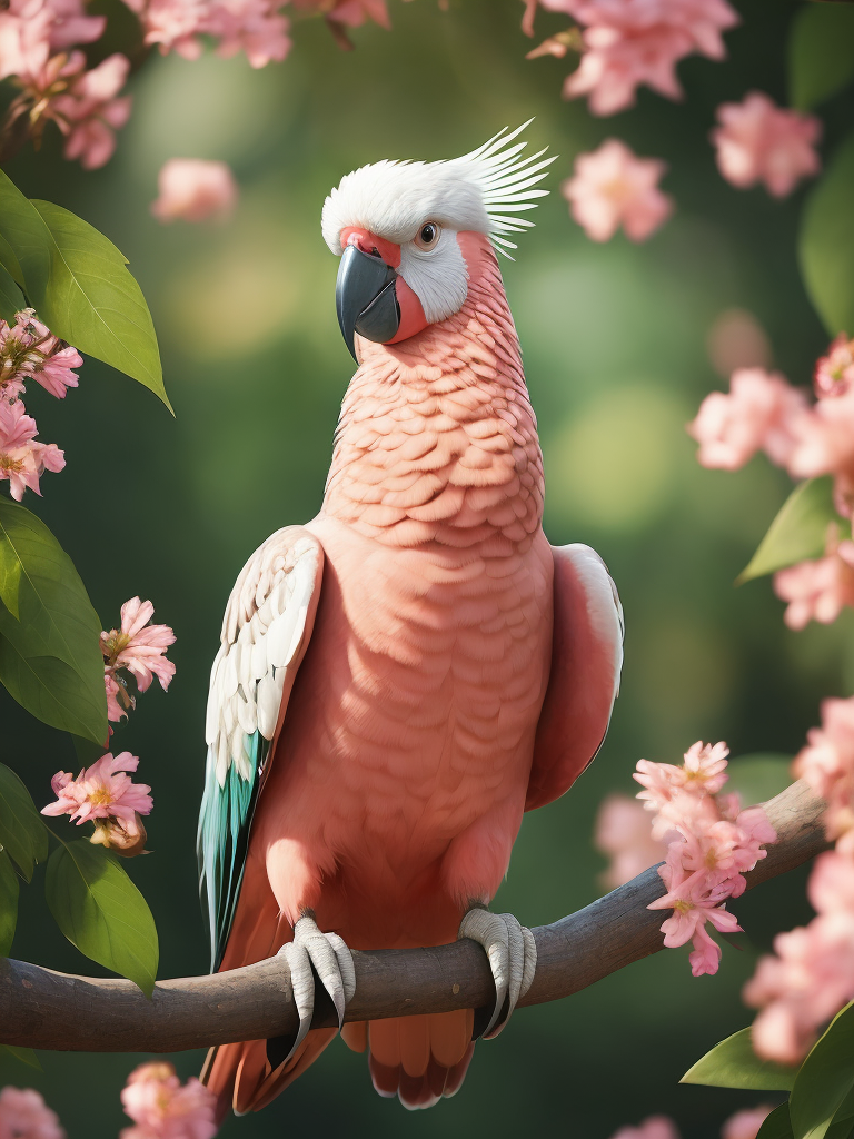 pink and white cest galah cockatoo bird in a tree with green leaves and flowers, fantasy animation, for children book illustration, cute big circular reflective eyes, pixar render, Vibrant colors, Depth of field, Incredibly high detail