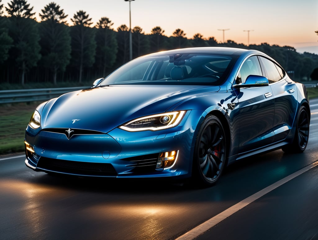 focusing on the front part of the car and the headlights, render a highly detailed, clean, tesla car speeding on highway from right to left with blue neon lights, blue headlights