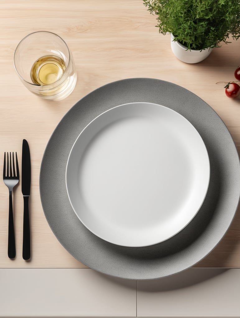 modern kitchen table, empty plate, mockup