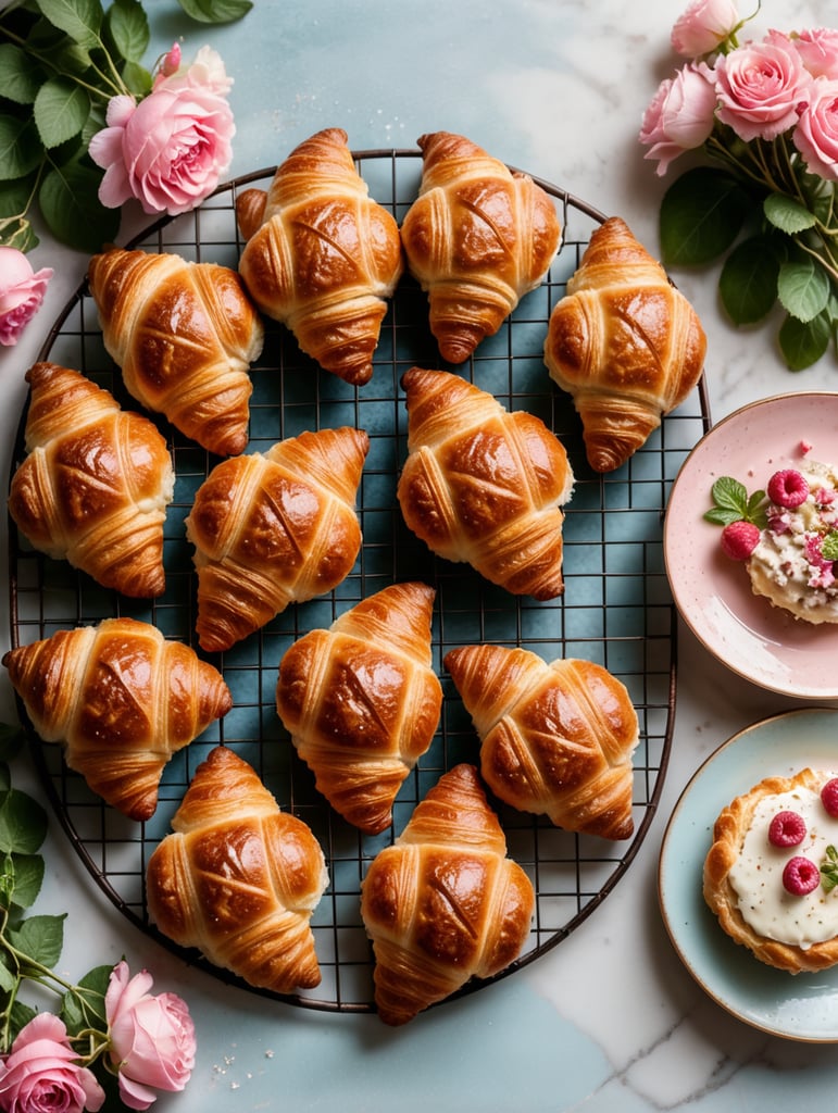 Cookbook photo, top - view, wire cooling rack, croissants, with a floral, allow, banner, pink and pastel blue, farmcore