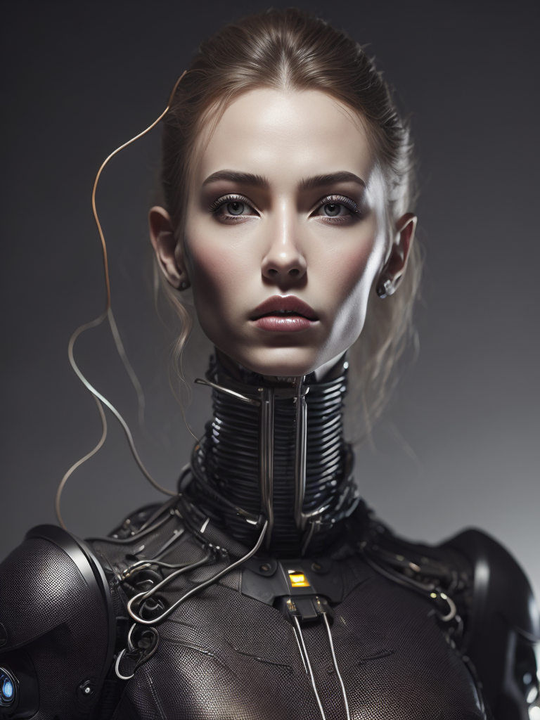 Portrait of a robot girl, enormous lips, transparent neck, porcelain face and head, robotic parts, cyberpunk, cable electric wires, hyperrealistic, fantasy, octane render, intricate, concept art, professional studio lighting