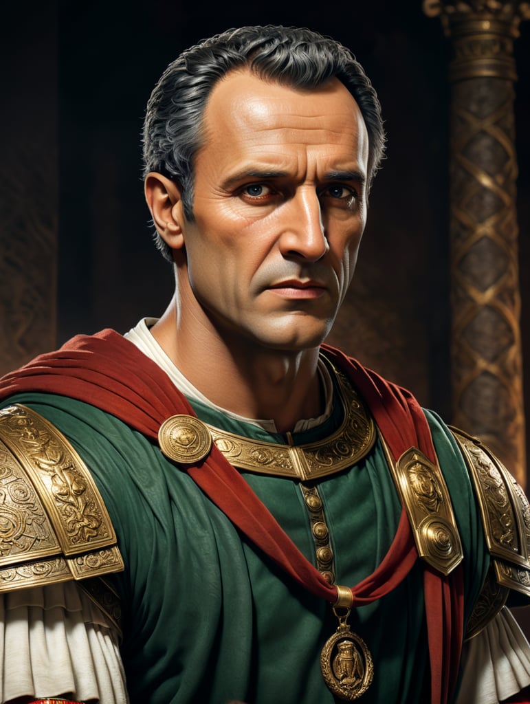 Create a digital portrait of Julius Caesar, the influential Roman statesman and military leader. Showcase his distinctive facial features, including a prominent nose and a clean-shaven, determined visage. Depict him with a Roman complexion and an air of authority. Dress him in traditional Roman attire, complete with a toga, a laurel wreath on his head, and a scroll or a tablet in his hand, symbolizing his statesmanship. Position him in a grand Roman setting, perhaps the Roman Senate or a scene from his military campaigns, to capture the essence of his historical significance.