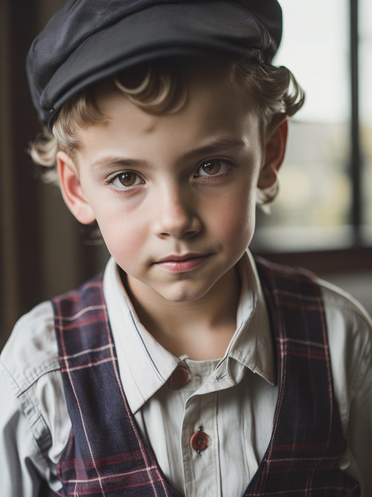 Young boy wearing a newsboys flat cap, curly blonde hair, deep amber eyes, overalls, red and white plaid button up shirt, hyper realistic, photorealism,