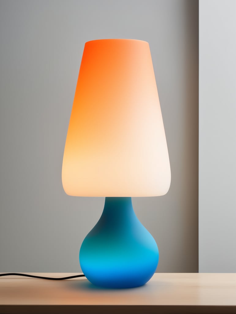 A contemporary minimalist semi-translucent silicone lamp with vibrant cyan blue and orange gradient colors as if designed by hi studio.