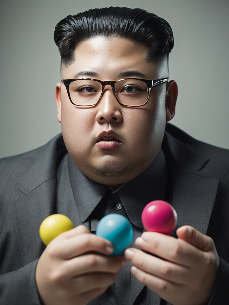 RAW Kim Jong Un blow Bubble Gum, looks at the camera, light background, bokeh, ornate background.