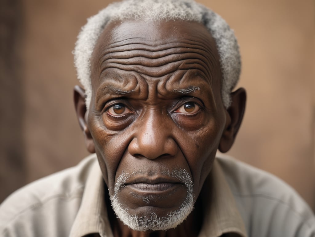 Visage hyper détaillé d'un vieu africain essayant forçant pour voir à travers la caméra, il est étonné comme s'il ne croyait pas à ce qu'il voyait, cadrage serré sur la tête