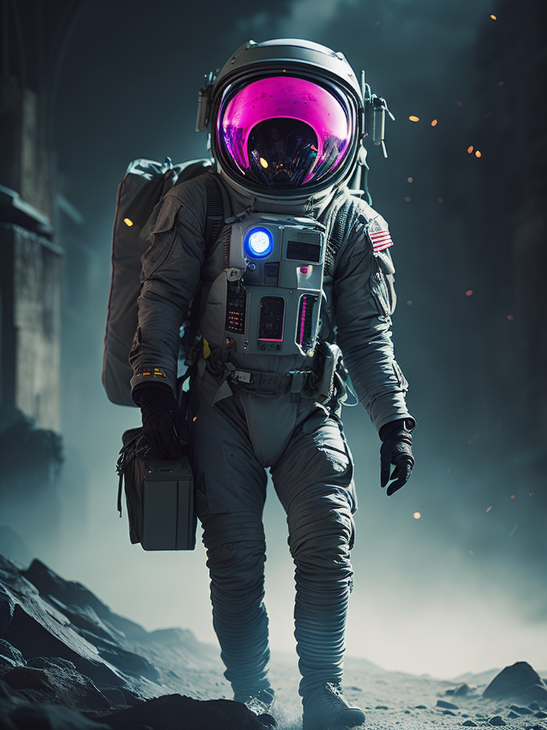 astronauta perdido en el espacio, con un halo de luz magenta que le traspasa el visor del casco, la imagen es de cuerpo completo retro futurista