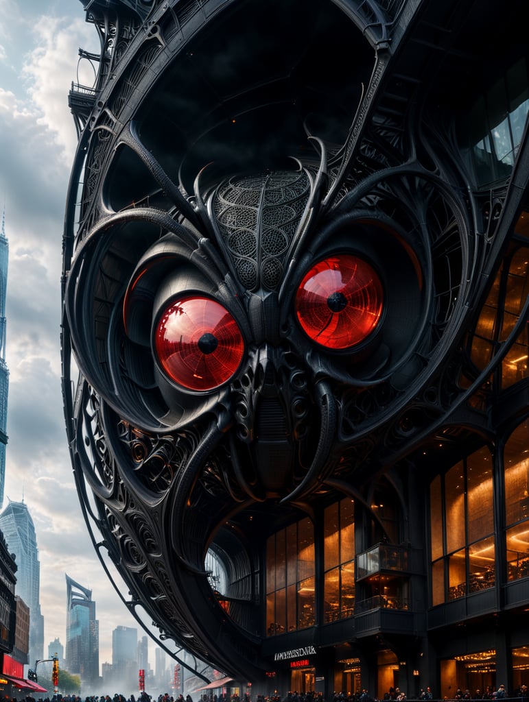 dream prompt: the craziest, bentwood, far view lens architectural modern style hyper realistic hyper detailed neocosmic exterior architecture design of a spider Fluid complex facade, geometric shapes spectrum, black::1 red:3, Antoine Blanchard architecture art style, in new york city, dramatic ambient, natural lighting, camera sony, 8k, --s1000 --style raw, you can imagine