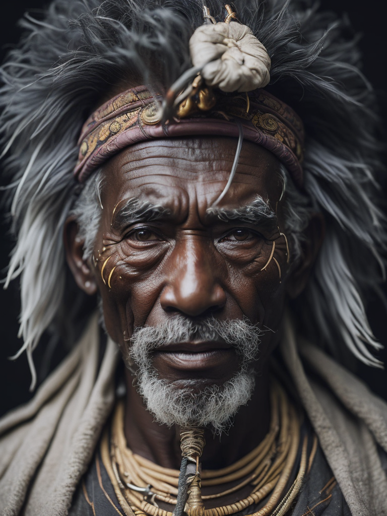 Portrait of a black elderly male shaman, gray beard, muted tones, black background