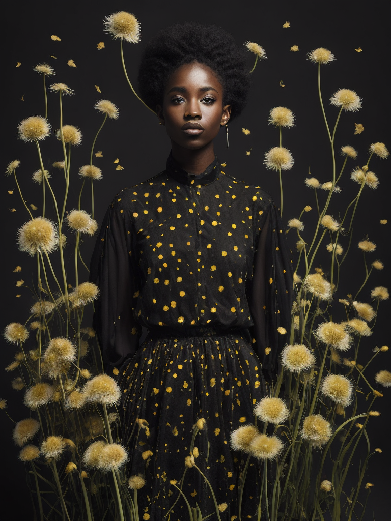 full body view of vantablack portrait in dandelions a with shine gold endings, eternal space, planets, saturn , captured with a Hasselblad camera