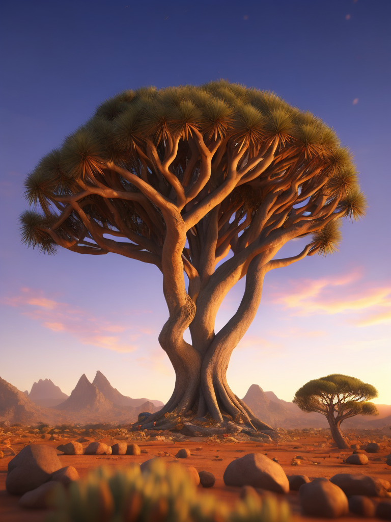 Dragon blood tree, savanna, sunset, Depth of field, Incredibly high detailed, stones, rocks, mountains on the horizon