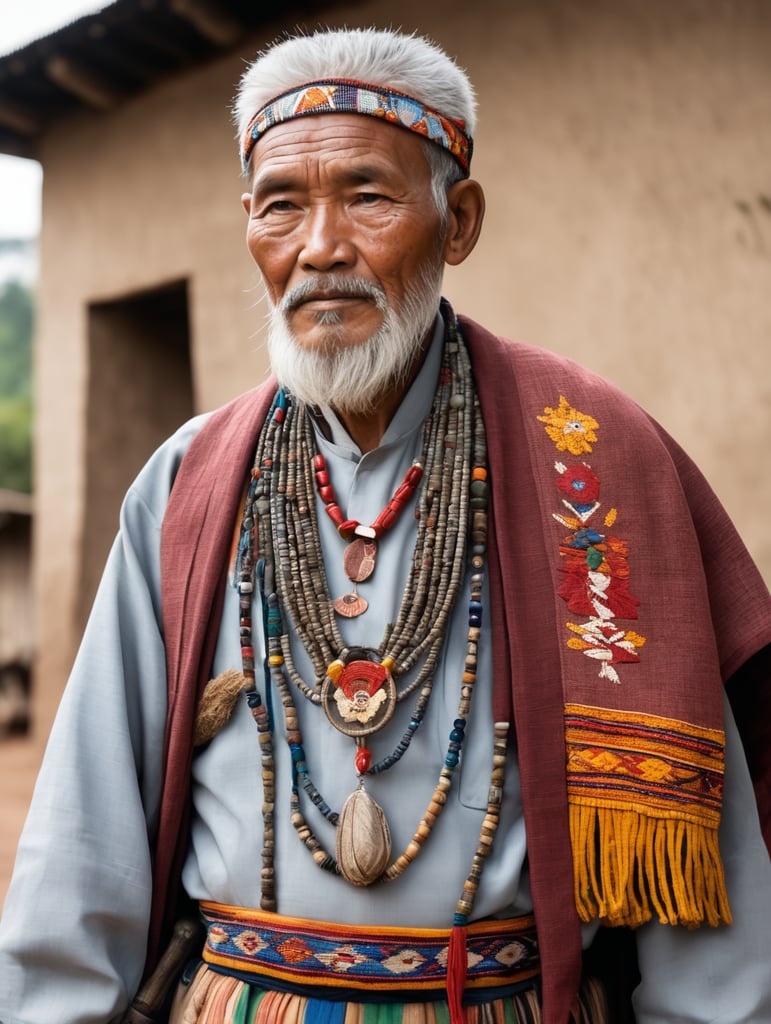 Starszy wódz wioski emanuje mądrością i doświadczeniem, stanowiąc nie tylko przywódcę, ale także przewodnika dla swojego ludu. Jego siwe włosy opadające na ramiona i broda zdobią jego twarz, wyrażając godność i szacunek. Jego oczy, głęboko osadzone w zmarszczkach, ukazują bogactwo przeżytych lat. Ubierając się w tradycyjne stroje wioski, wódz nosi płaszcz z ręcznie tkanej tkaniny, ozdobiony wzorami nawiązującymi do historii i kultury społeczności. Na szyi ma naszyjnik z kolorowymi kamieniami, które opowiadają o dziejach wioski i jej ludzi. W ręku dzierży laskę zrobioną z lokalnego drewna, będącą zarówno symbolem władzy, jak i narzędziem do prowadzenia rady wioski. Jego kroki są pewne, a mimo wieku w jego postawie widać siłę i zdolność do przewodzenia. Wódz jest nie tylko obrońcą tradycji, ale również opiekunem, gotowym podzielić się swoją mądrością z młodszym pokoleniem, by zachować spójność i jedność społeczności.